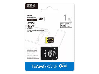Team 1TB Pro+ Microsdxc UHS-I/U3 Class 10 Memory Card with Adapter, Compatible with Nintendo-Switch, Steam Deck, and ROG Ally, Speed up to 160Mb/S (TPPMSDX1TIA2V3003)